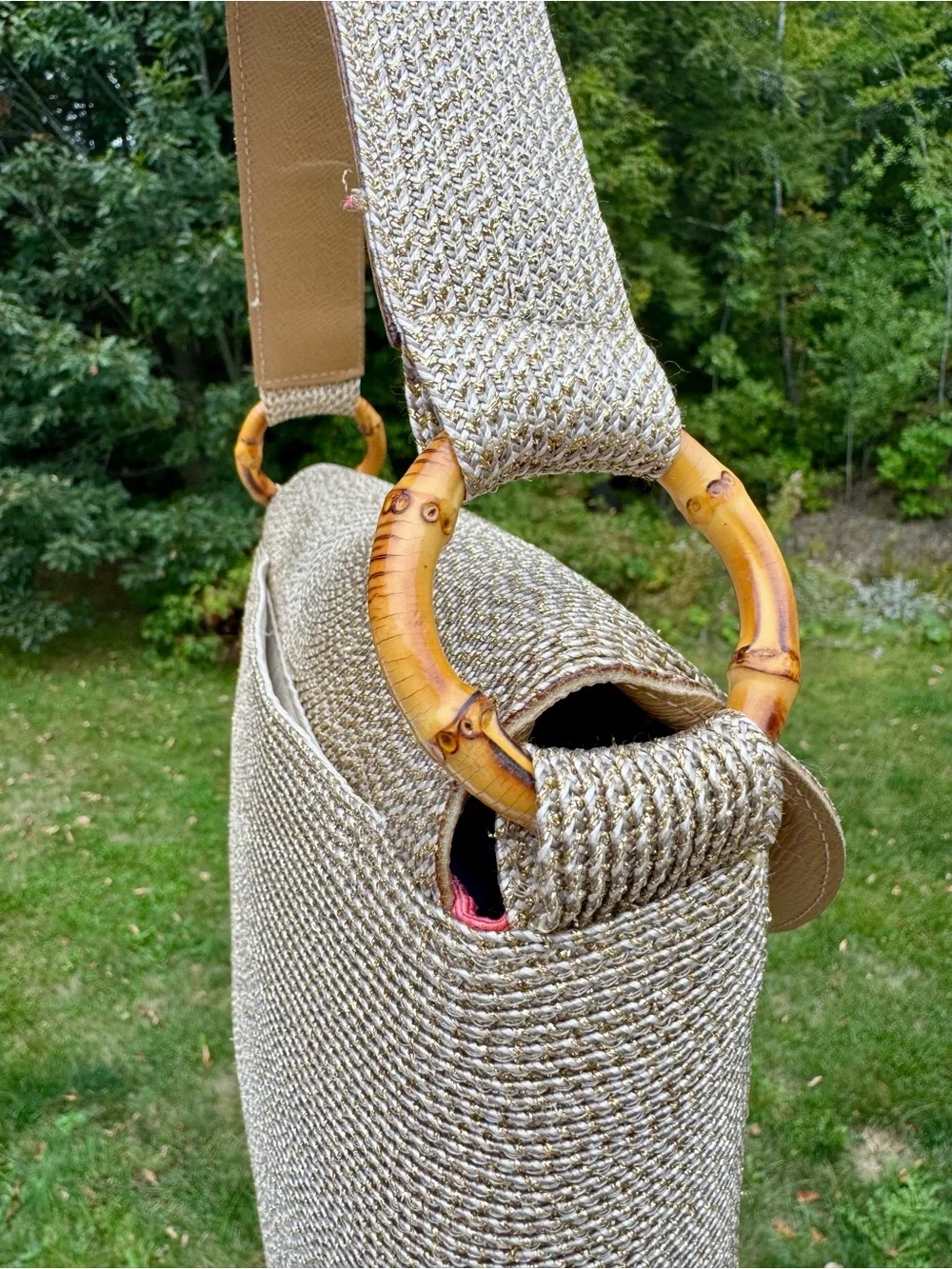 Eric Javits Woven Shoulder Bag with Gold Turn-Lock in Taupe